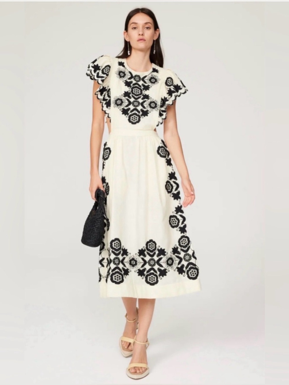 Sea New York Embroidered Midi Dress Ivory Black Floral Size‎ 12  Boho
